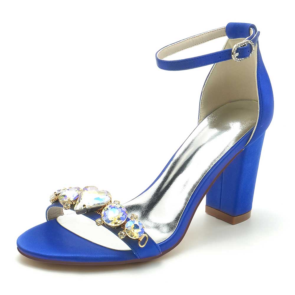 S&DCo. blue block heel wedding sandals for brides with sparkling gems and ankle strap design