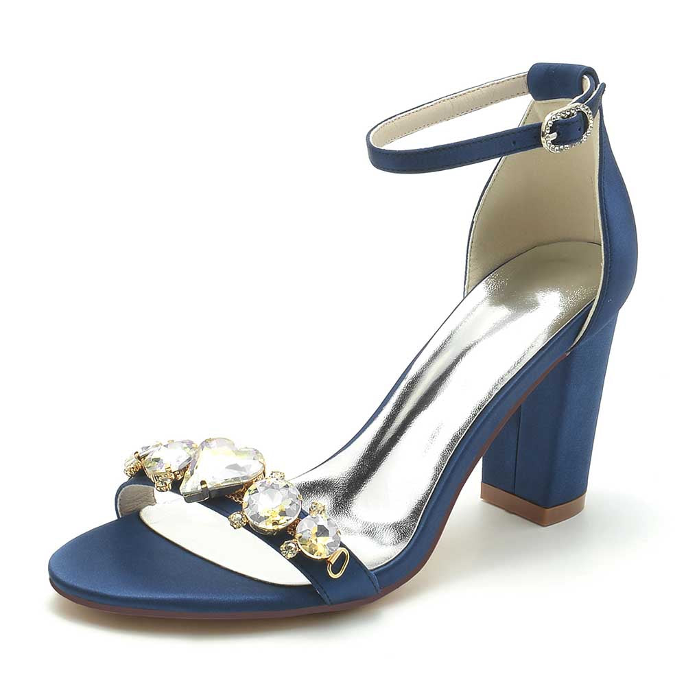 S&DCo. Blue Satin Block Heel Wedding Sandals for Brides with Elegant Jewel Embellishments