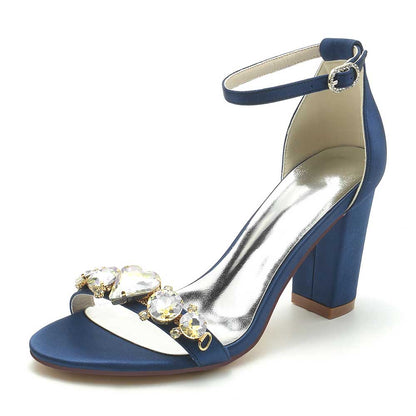 S&DCo. Blue Satin Block Heel Wedding Sandals for Brides with Elegant Jewel Embellishments