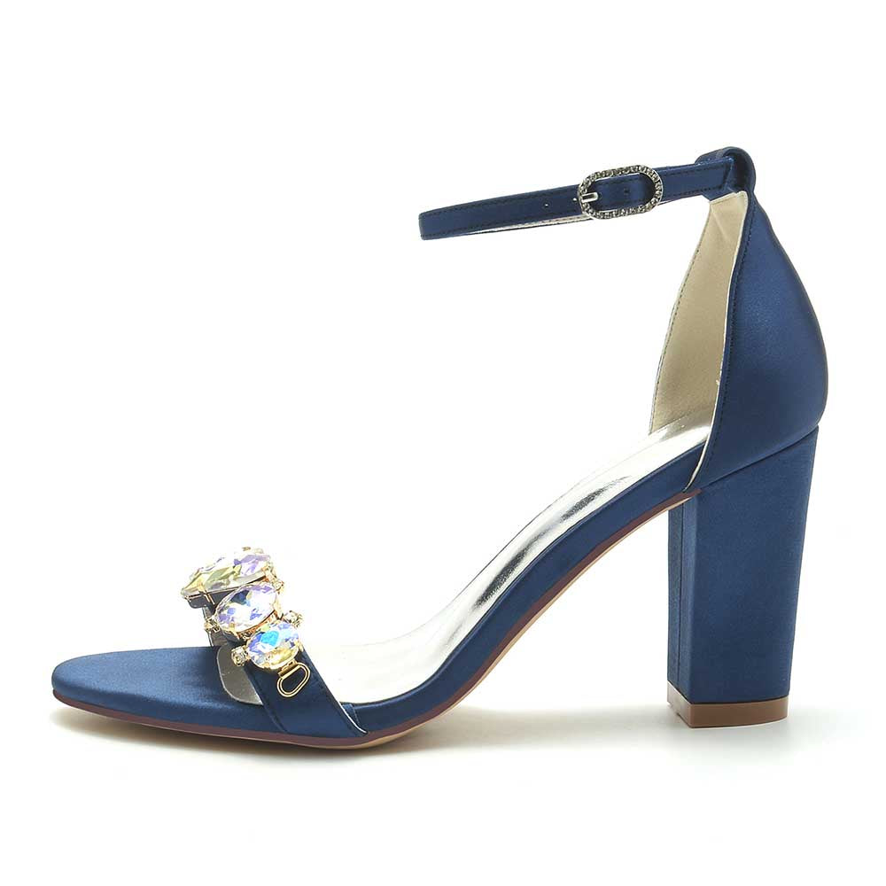 Elegant navy blue block heel wedding sandals for brides with decorative jewels