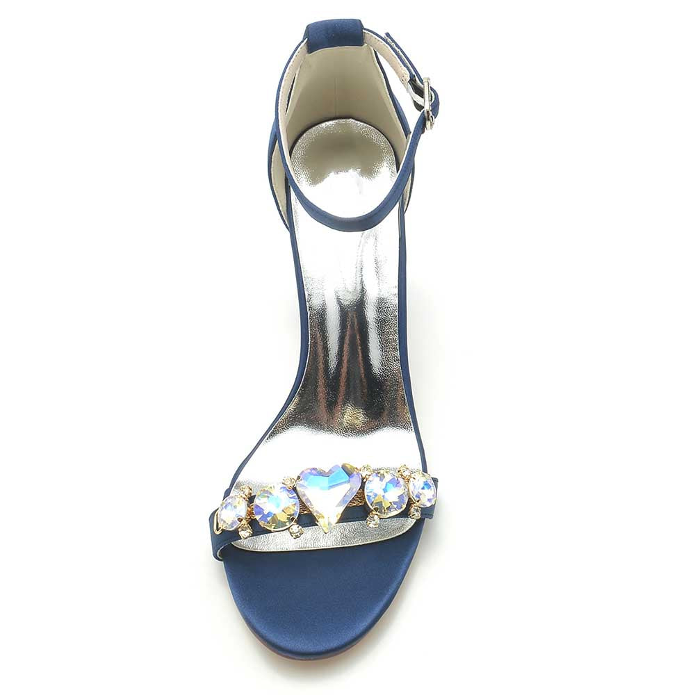 Elegant S&DCo. block heel wedding sandals for brides with jewel embellishments in navy blue