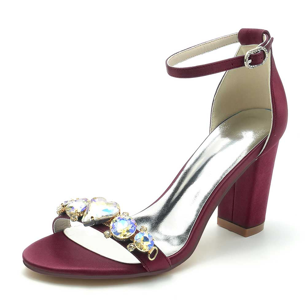 S&DCo. burgundy block heel wedding sandals for brides with shimmering gemstones and ankle strap