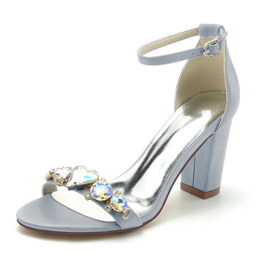 Elegant blue S&DCo. block heel wedding sandals for brides with jeweled embellishments