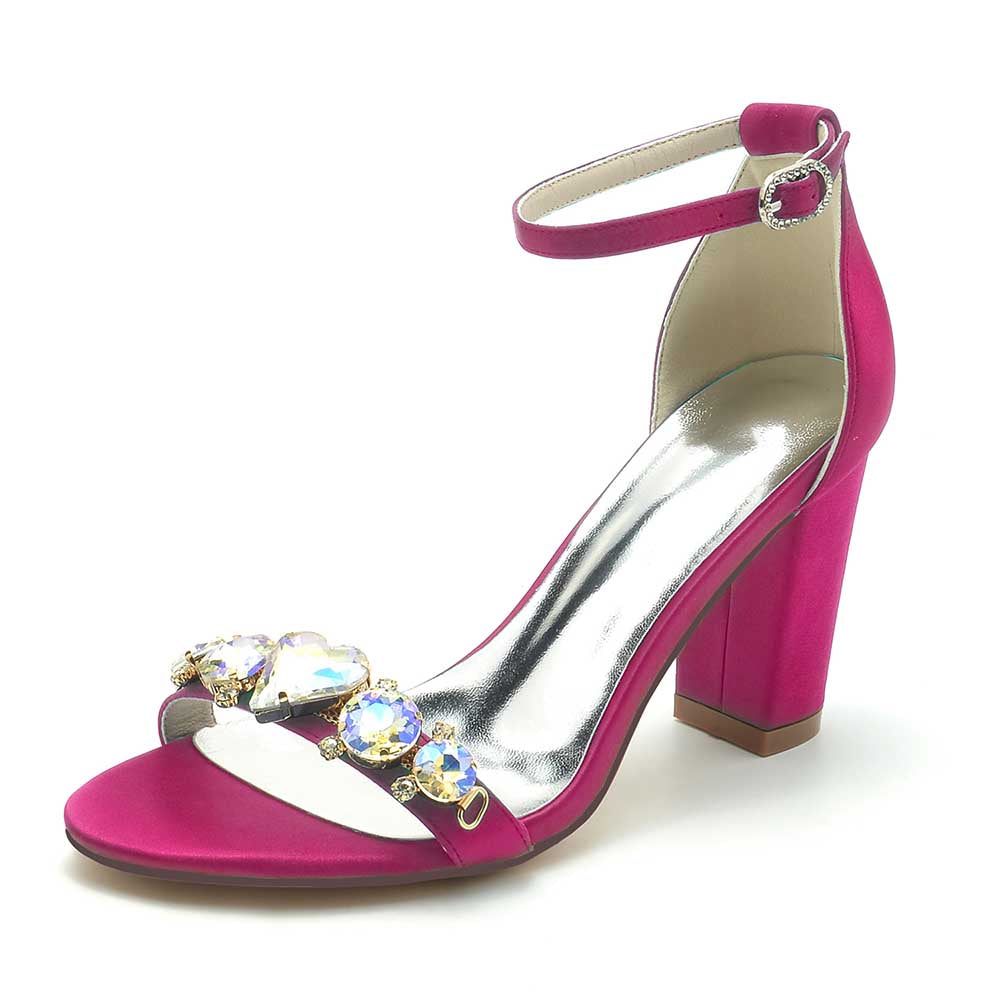 S&DCo. Pink Block Heel Wedding Sandals for Brides with Decorative Gemstone Detail