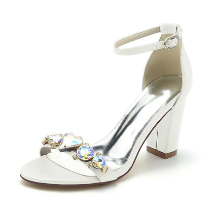 Elegant S&DCo. block heel wedding sandals for brides featuring sparkling gemstone accents
