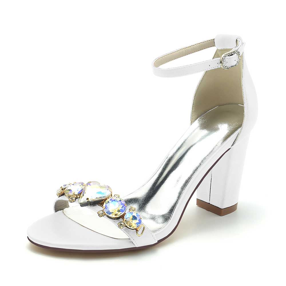 White S&DCo. block heel wedding sandals for brides with jewel embellishments and ankle strap