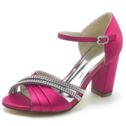 S&DCo. Pink Satin Block Heel Wedding Sandals with Elegant Rhinestone Detail