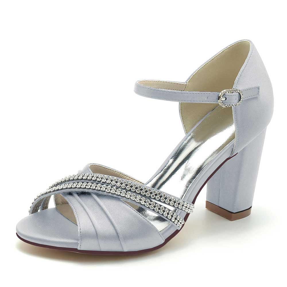S&DCo. block heel wedding sandals in silver satin with sparkling straps and ankle buckle