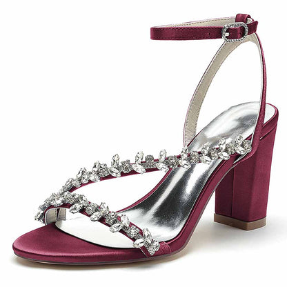 S&DCo. burgundy block heels sandals with decorative rhinestones for elegant occasions