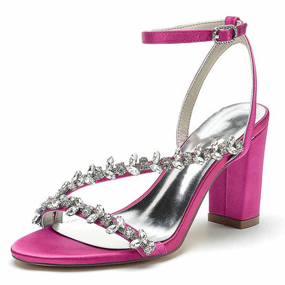 Pink S&DCo. block heels sandals with rhinestone embellishments and ankle strap for elegant style