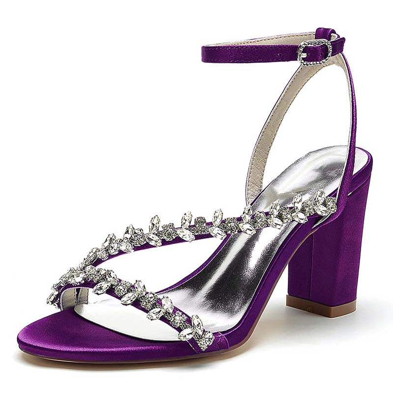Purple block heels sandals by S&DCo with sparkling rhinestone embellishments and ankle strap