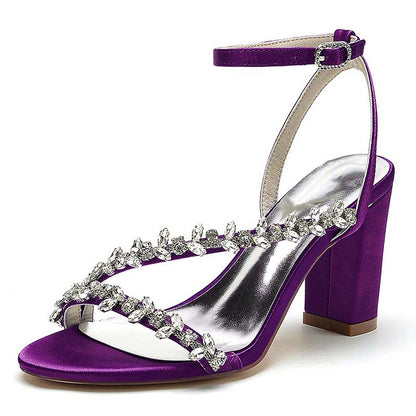 Purple block heels sandals by S&DCo with sparkling rhinestone embellishments and ankle strap