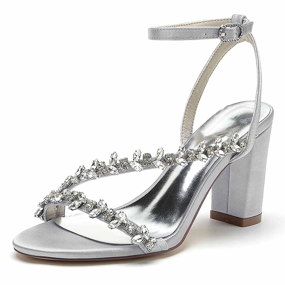 S&DCo. Block heels sandals in silver with rhinestone embellishments and adjustable ankle strap