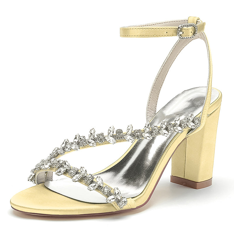 S&DCo. Yellow Block Heels Sandals with Elegant Rhinestone Detailing and Ankle Strap
