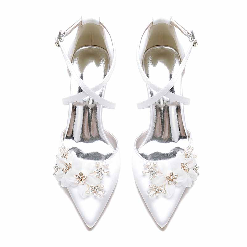 Women's Wedding Shoes Cross Strap Satin Block Heel Wedding Sandals Bridal Shoes