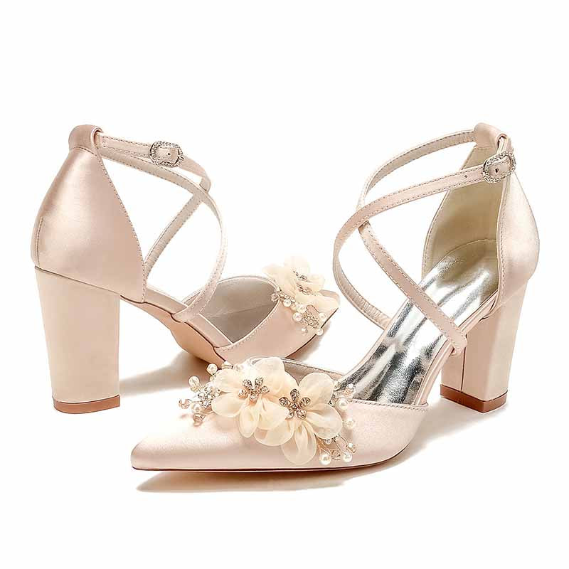 Women's Wedding Shoes Cross Strap Satin Block Heel Wedding Sandals Bridal Shoes