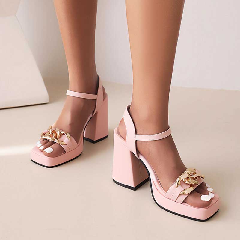 Women Square Toe Platform Chunky Heel Sandals with Metal Chain Summer Heels