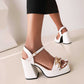 Women Square Toe Platform Chunky Heel Sandals with Metal Chain Summer Heels