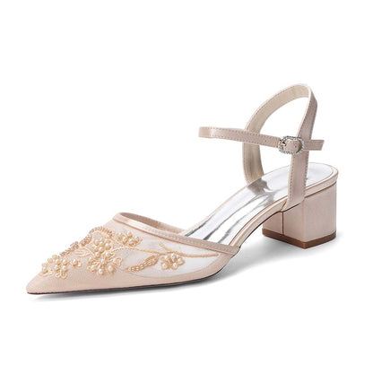 Point Toe Lace Chunky Wedding Shoes With Pearls for Elegance
