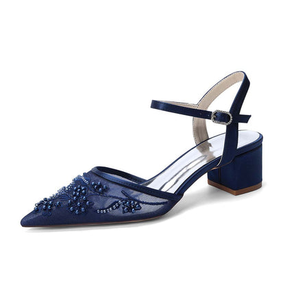 Point Toe Lace Chunky Wedding Shoes With Pearls for Elegance