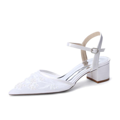 Point Toe Lace Chunky Wedding Shoes With Pearls for Elegance