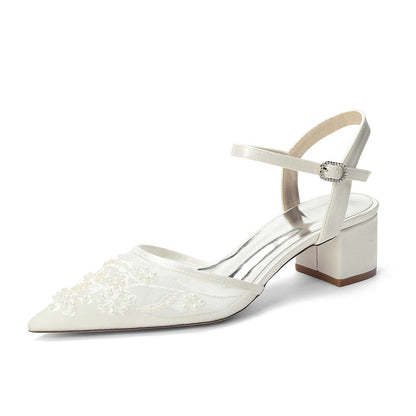 Point Toe Lace Chunky Wedding Shoes With Pearls for Elegance