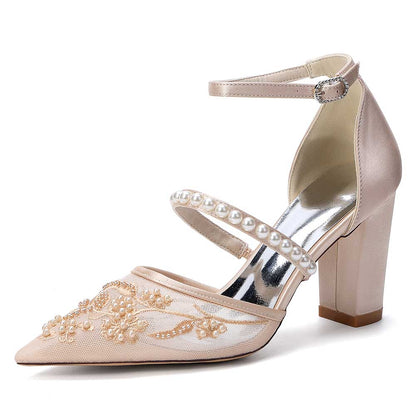 Chunk Heel Pearl Wedding Shoes with Ankle Straps