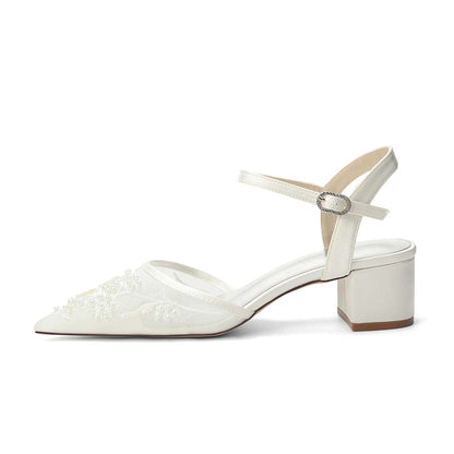 Point Toe Lace Chunky Wedding Shoes With Pearls for Elegance