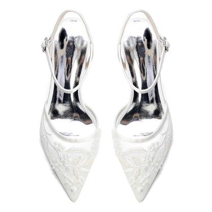 Point Toe Lace Chunky Wedding Shoes With Pearls for Elegance