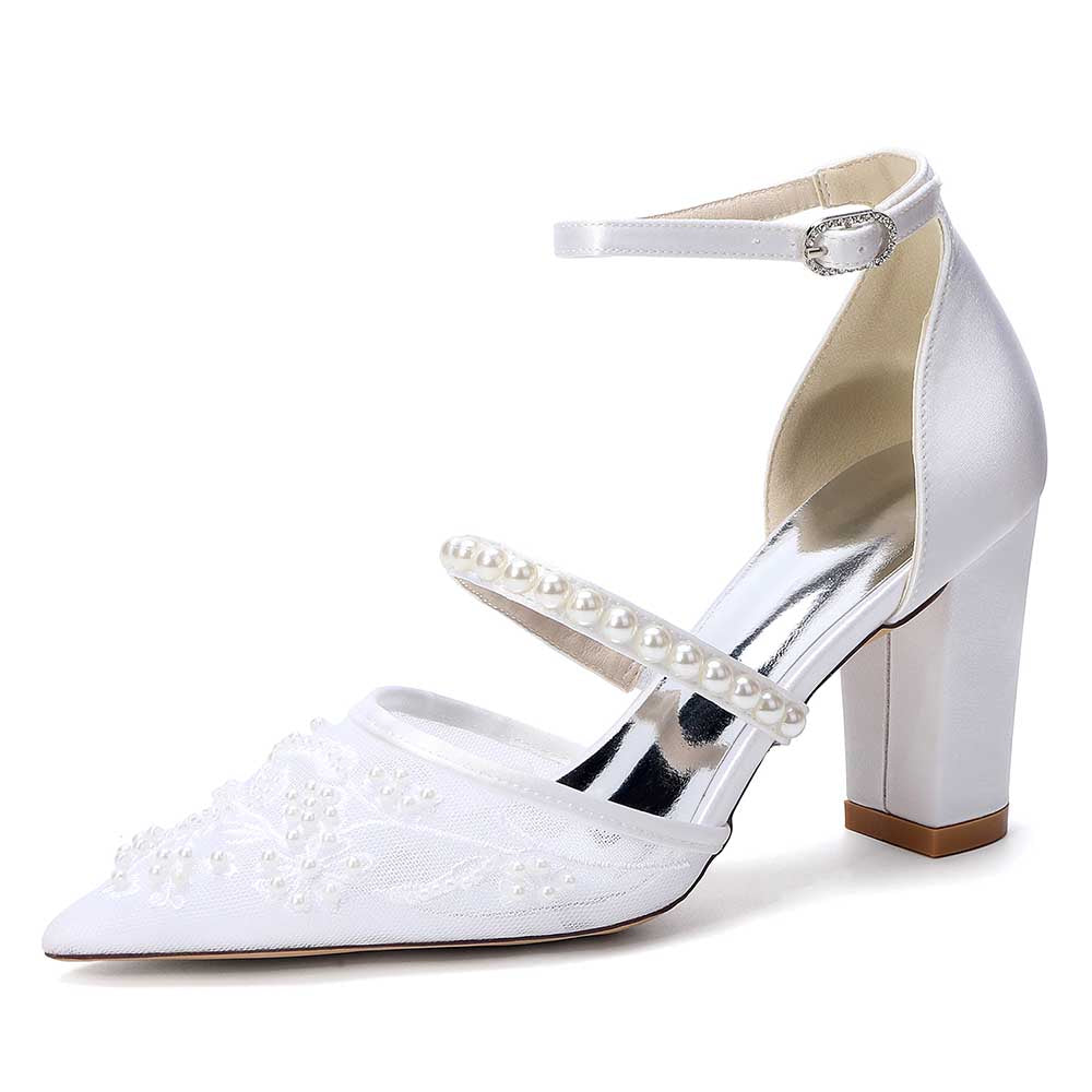 Chunk Heel Pearl Wedding Shoes with Ankle Straps
