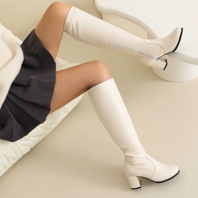 Women's Block Heel Knee Boots With Side Zipper