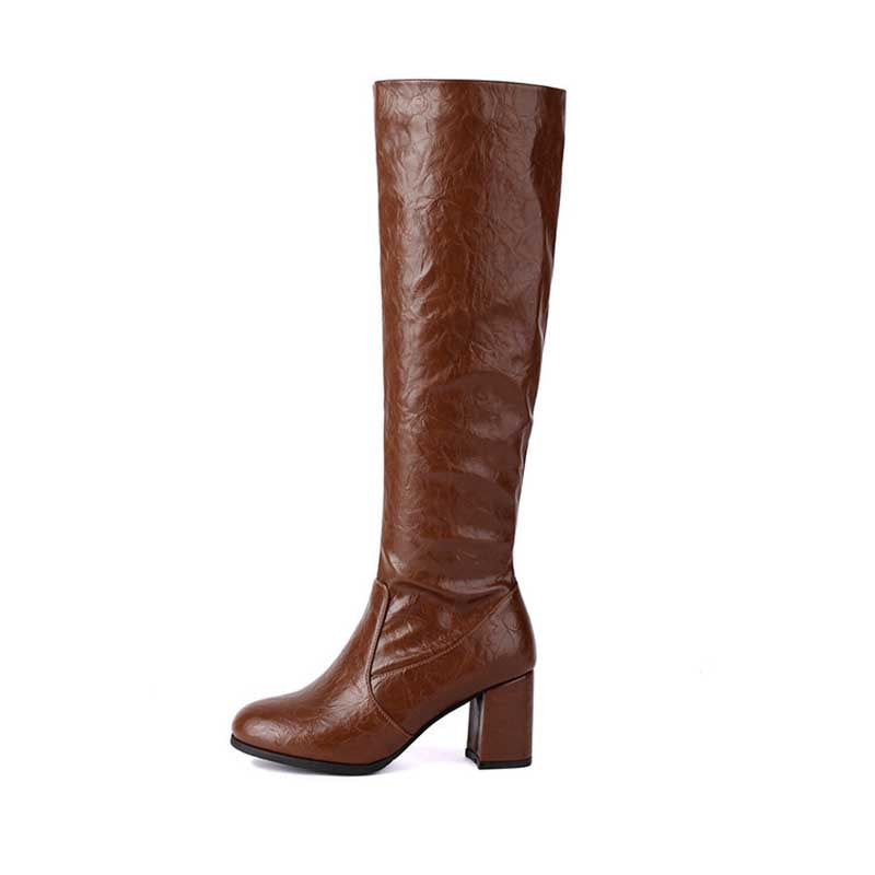 Women's Block Heel Knee Boots With Side Zipper