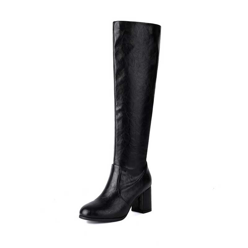 Women's Block Heel Knee Boots With Side Zipper