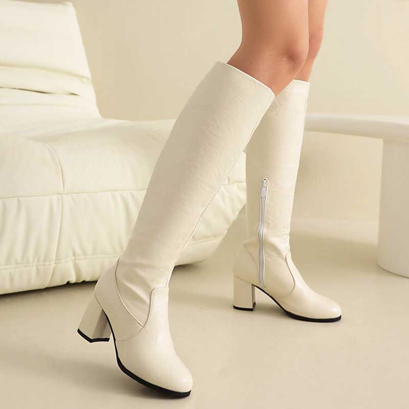 Women's Block Heel Knee Boots With Side Zipper