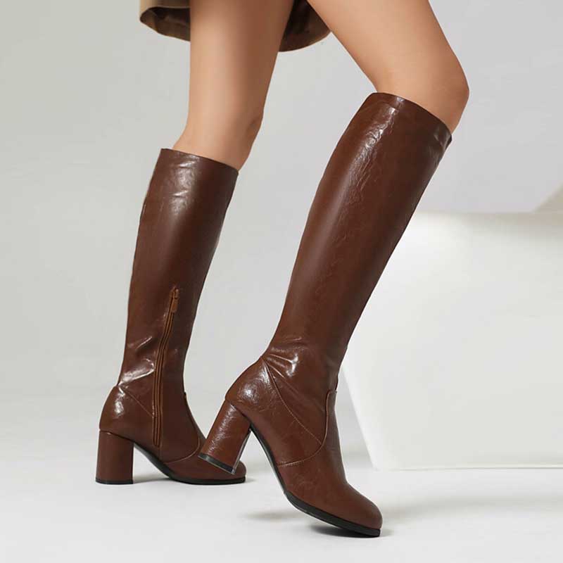 Women's Block Heel Knee Boots With Side Zipper