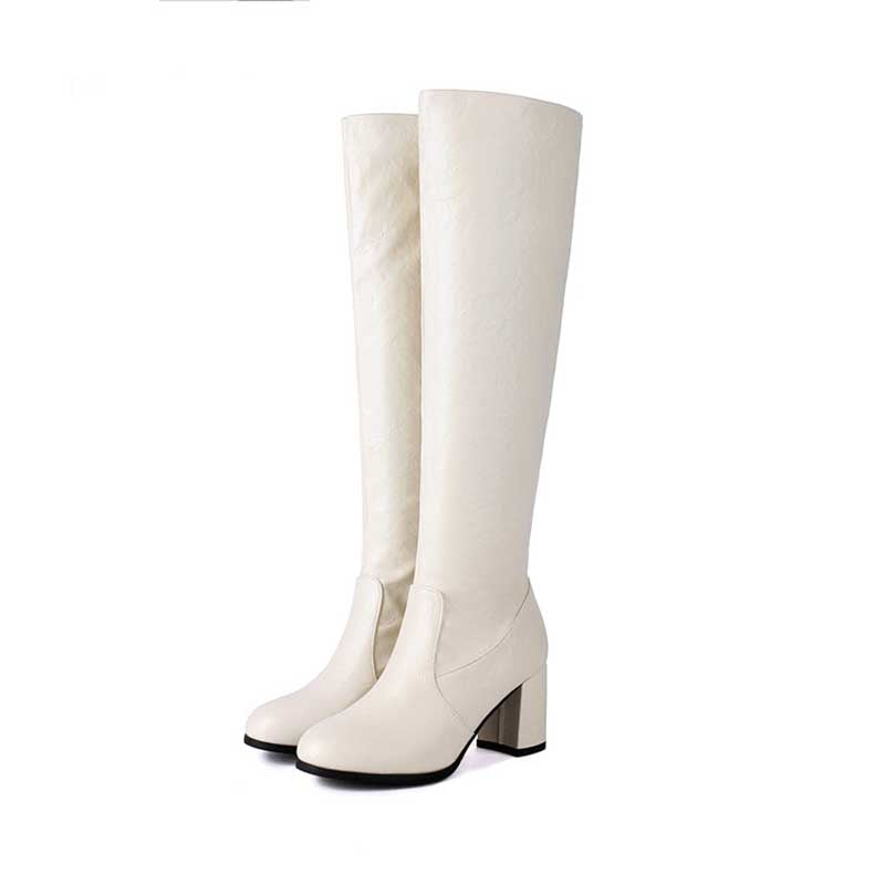 Women's Block Heel Knee Boots With Side Zipper