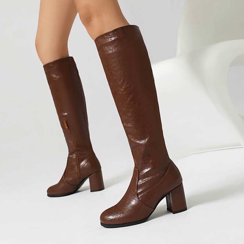 Women's Block Heel Knee Boots With Side Zipper