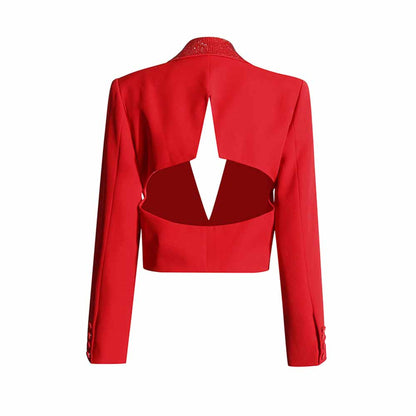Crystal Embellished Crop Blazer One Button Diamond Short Top Jacket