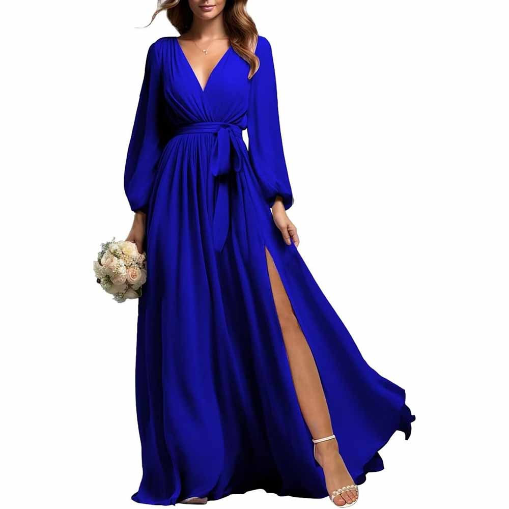 sd-hk long sleeve chiffon bridesmaid dress in royal blue with wrap waist and thigh slit