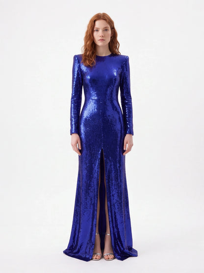 blue high neck long sleeve sequin maxi dress with front slit for formal events