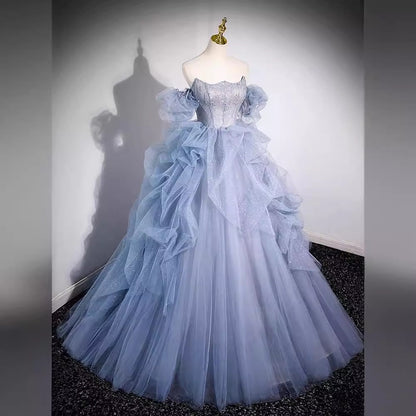Elegant Off Shoulder Blue Ball Gown Women Formal Evening Wedding Prom Dress