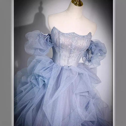 Elegant Off Shoulder Blue Ball Gown Women Formal Evening Wedding Prom Dress
