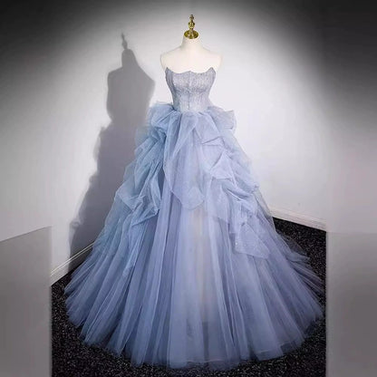 Elegant Off Shoulder Blue Ball Gown Women Formal Evening Wedding Prom Dress