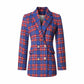 Women Long Sleeve Checked Blazer Coat Blue