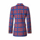 Women Long Sleeve Checked Blazer Coat Blue