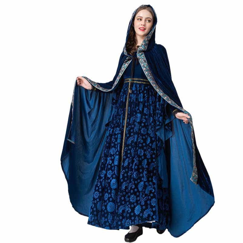 Halloween Costume Dress With Shawl Autumn and Winter Blue Witch Performance Dress