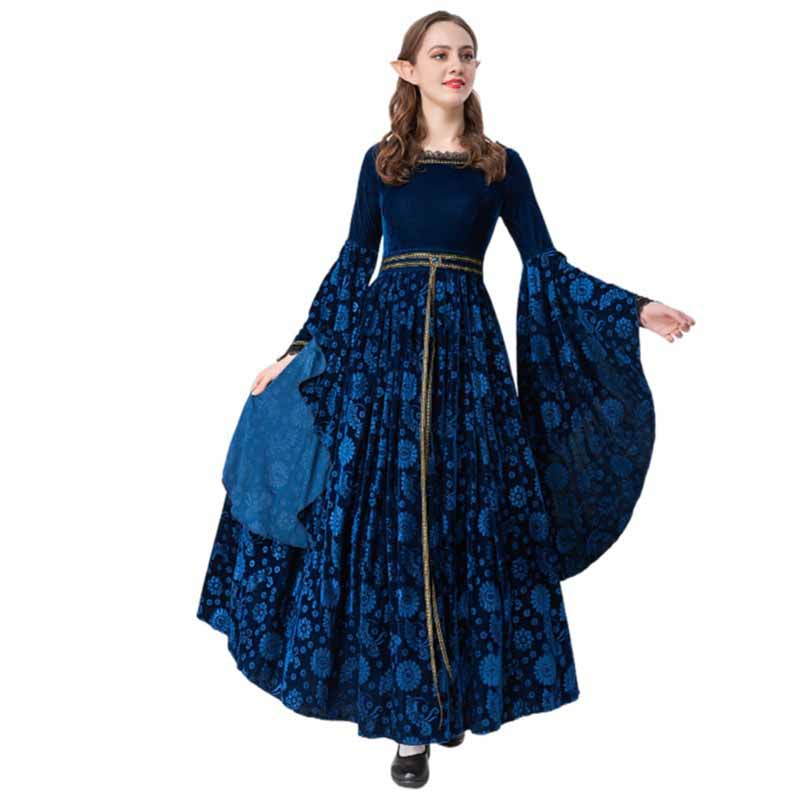 Halloween Costume Dress With Shawl Autumn and Winter Blue Witch Performance Dress