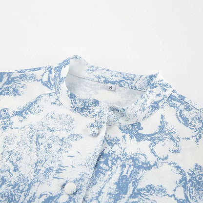 Blue Printed Mini Skirt Suit