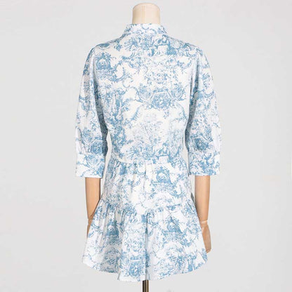 Blue Printed Mini Skirt Suit