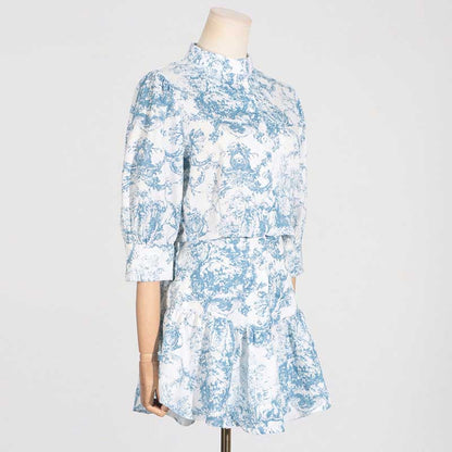 Blue Printed Mini Skirt Suit